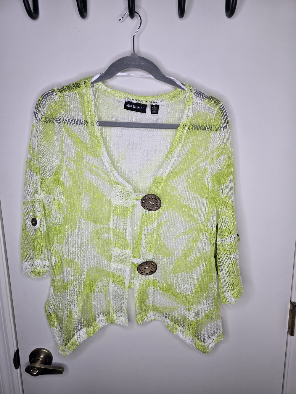 Nina Leonard Lime & White Open Knit Cardigan with Decorative Coconut Buttons